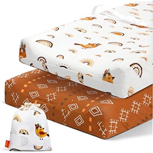 Besrey Changing Pad Cover, Baby Premium Diaper Changing, Ultra-Soft Stretchy Jersey Knit Cotton, Breathable Cradle Sung Sheet Set for Boys & Girls, 2 Pack, Fit 32"/34"x16"Pad(Boho Rainbow Birds)