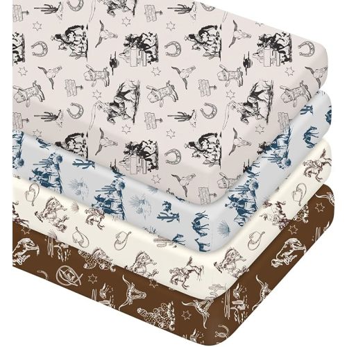VitalCozy 4 Pcs Vintage Western Cowboy Crib Sheet Set Newborn Bedding Nursery Baby Sheets for Girl Boys Baby Gifts for Standard Crib and Toddler Mattresses, 52 x 28 x 8 Inches