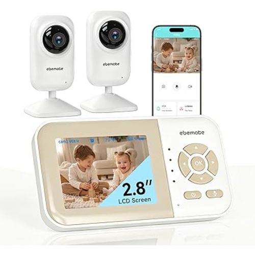 ebemate Video Baby Monitor with 2 Cameras |1200FT Range | Real-Time Temp & Feeding Alerts | No-Glow Night Vision | 2-Way Talk Audio | Baby Camera Monitor with 2.8" LCD Screen