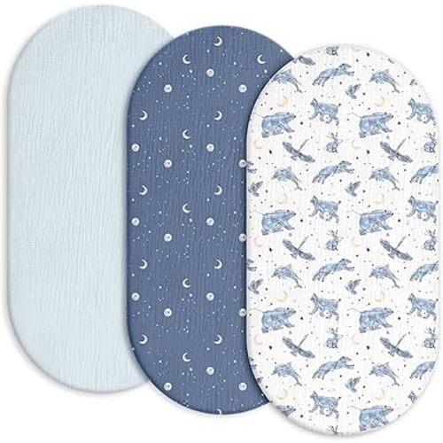 Gllquen Baby Muslin Bassinet Sheets 3 Pack, Breathable Elastic Cozy Fitted Cotton Bassinet Mattress Sheet for Baby Boy Girls, Fit for Hourglass Oval Rectangular Cradle Pad Sheets 33"x17" (Star)