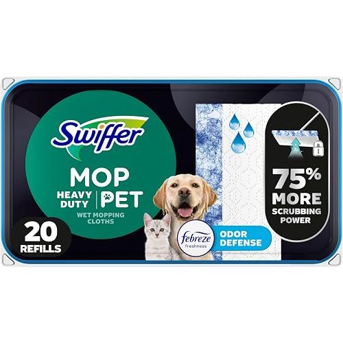 Swiffer Heavy Duty Mop Wet Multi-Surface Cloth Refills for Floor Mopping and Cleaning, Pet with Febreze Odor Defense, 20 count