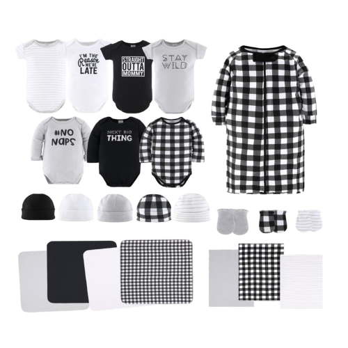 The Peanutshell Newborn Layette Gift Set for Baby Boys and Girls, 23 Essential Pieces, Black & White Plaid, 0-3 Months