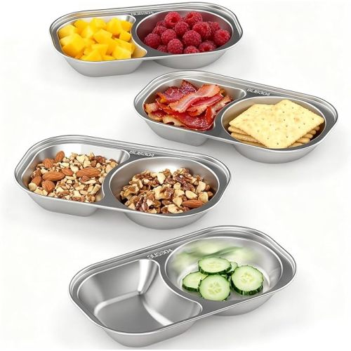 Stainless Steel Toddler Plates Set of 4, 2-compartment Kids Plates for Snack Portion Control, Small Divided Plate for Baby Feeding & Adults Camping, Non-toxic Dishwasher Safe Metal Dish