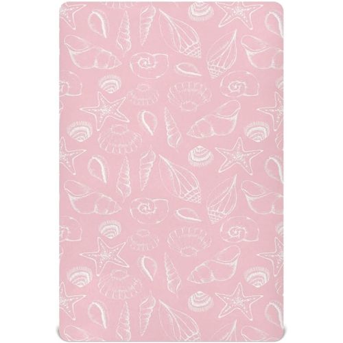 Pink Seashells Crib Sheets for Boys Girls, 52x28 Inch Soft and Breathable Pack n Play Sheets, Portable Mini Stretchy Cribs Sheets