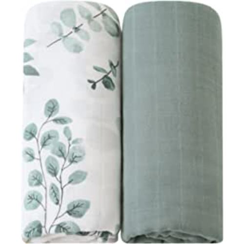 LifeTree Muslin Baby Swaddle Blankets, Baby Swaddling Neutral Receiving Blanket for Boys & Girls, 70% Bamboo & 30% Cotton, Large 47 x 47 inches Eucalyptus Print/Roman Green