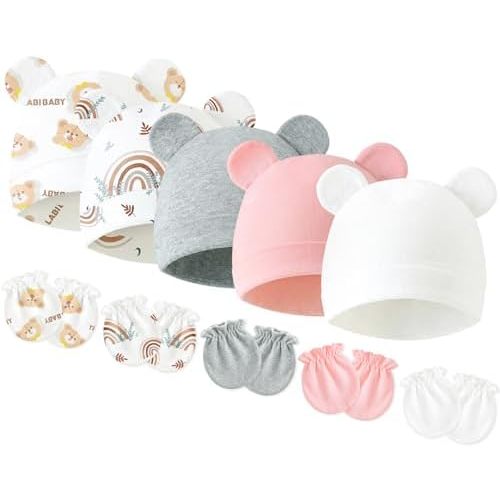 Newborn Baby Hats and Mittens Set, Cotton Infant Baby Boy Girl Bear Ears Caps and Mittens for 0-3 Months