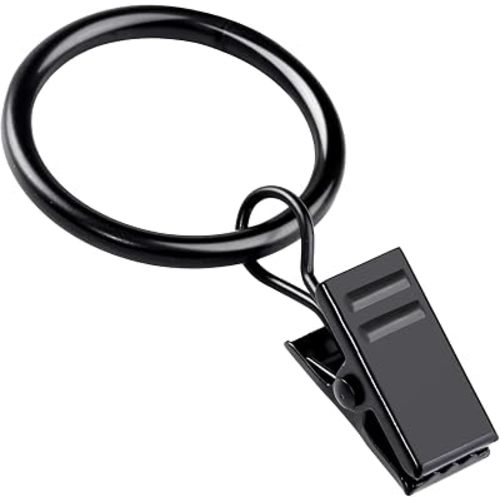 20 Pack Black Curtain Rings with Clips, Curtain Hooks Curtain Clips with Rings, Drapes Rings 1 Inch in Diameter, Fits up to 5/8" Curtain Rod