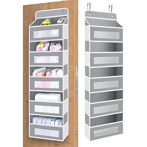Over The Door Organizer Storage, 5 Shelf Hanging Door Organizer with 10 Large Capacity Pockets, Anti Tilt 44 lb Load Behind Door Storage for Bedroom, Bathroom, Pantry, Nursery, (Grey)