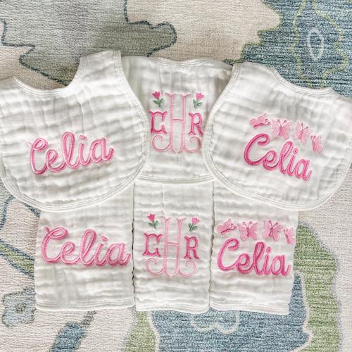 Baby Girl Custom Embroidered Muslin Burp Cloths & Bibs for Newborn in pinks | Baby Shower Gift | Monogram and Name Personalization