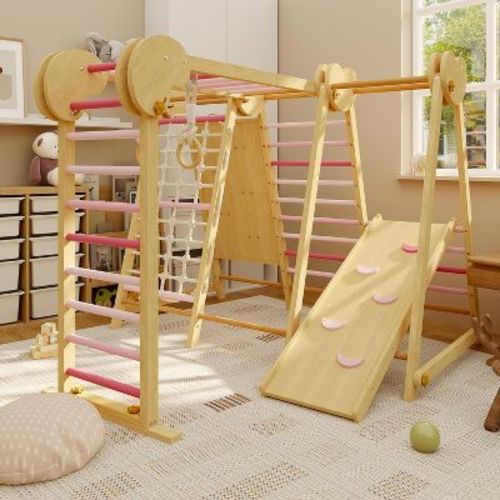 7-in-1 Wooden Indoor Jungle Gym for Kids Ages 2-8, Toddler Playset with Slide, Climbing Wall, Monkey Bars & More, Perfect for Home Playground Fun