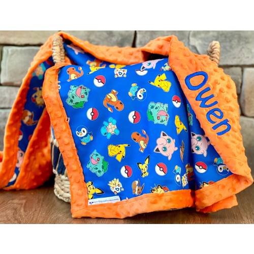 Personalized Pokemon Baby Blanket | Frame Style Border | Cotton and Minky | Embroidery | Pokemon Pattern | Bordered Baby Child Blanket
