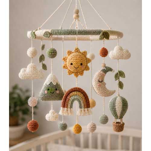 Crochet Baby Mobile Pattern, Boho Sun Moon Rainbow Hot Air Balloon Crib Decor