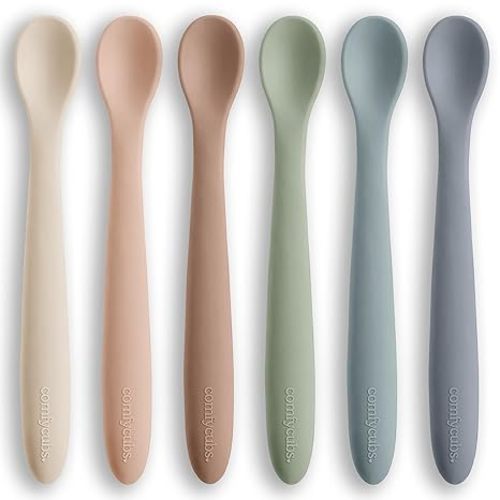 Comfy Cubs Silicone Baby Spoons Set 6-Pack, Sand 6.46 x 0.95 in – BPA Free, Soft Gum-Safe Toddler Eating Essentials – Lightweight & Flexible Baby Spoons, Dishwasher Safe, Fun Utensils for Babies