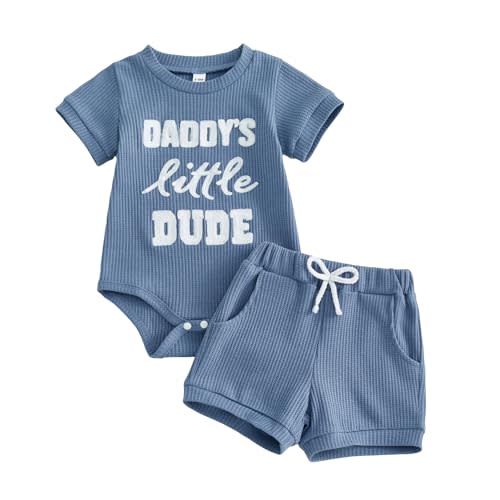 Newborn Baby Boy Summer Outfit Set Little Dude Embroidery Stripe Romper Jumpsuits Shorts Cute Infant Waffle Clothes