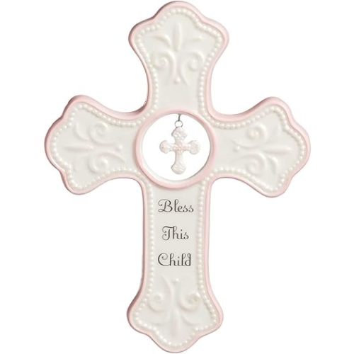 DEMDACO Bless This Child Wall Cross - Blessing Cross for Baby - Faith Nursery Decor - Gift for Newborn - Religious Christian Wall Hanging - Porcelain - Gift Box Packaging - Pink
