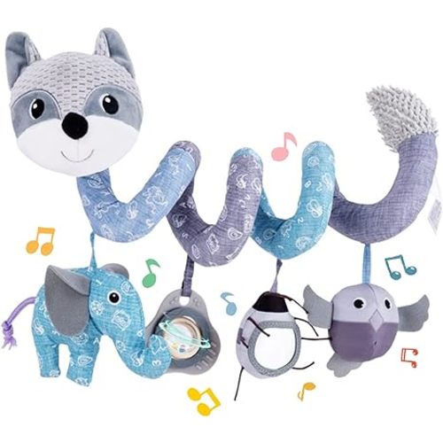 Koty Car Seat Toys, Infant Baby Spiral Plush Activity Hanging Toy for Stroller Bar Pram Crib with Music Box BB Squeaker & Rattles(Gray Fox)