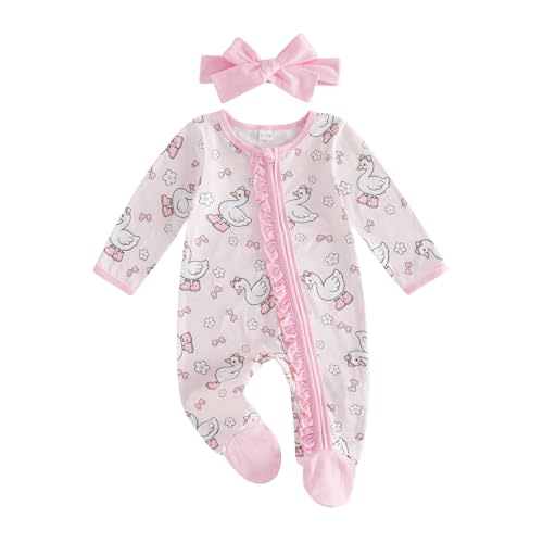 Kuriozud Newborn Baby Girl Clothes Ruffle Zipper Up Plaid Long Sleeve Footie Romper Onesie Headband Set Coming Home Outfit