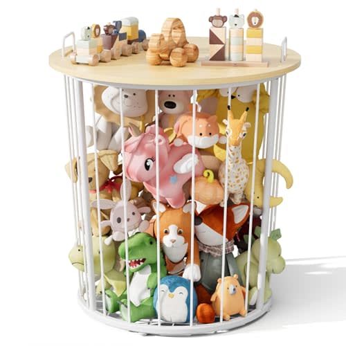 BBLIKE Large Stuffed Animal Storage End Table, Toy Storage for Kids Room | 100L Large Capacity, Metal Frame with Wood Lid, Elastic Rope, Side Handles, Wooden Stuffed Zoo Animal Holder, Wood