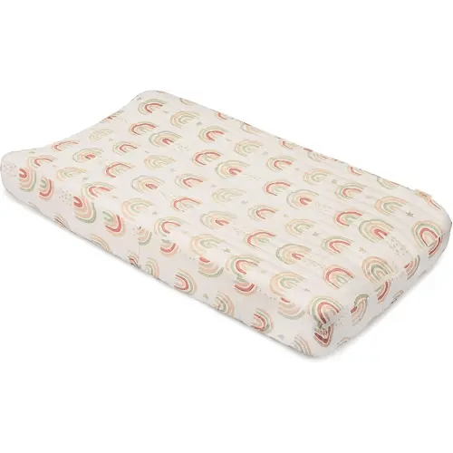Crane Baby Quilted Changing Pad Cover, 100% Cotton Sateen, 16 X 32, Secure Elastic Fit, Machine Washable, Pink Rainbow Nursery Decor for Girls