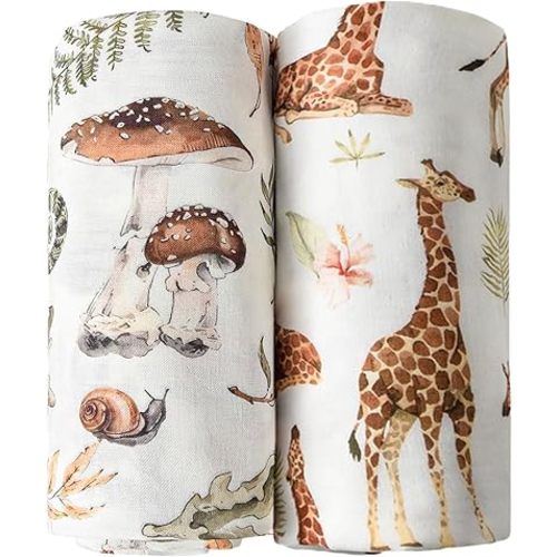 Little Jump Muslin Swaddle Blankets Neutral, Baby Swaddling Wrap Nursery Baby Blanket for Boys & Girls Unisex, Soft 70% Viscose from Bamboo and 30% Cotton, Large 47 x 47 inches (Giraffe & Mushroom)