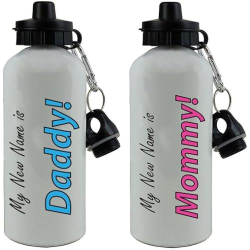 CustomGiftsNow My New Name is Daddy! and Mommy! 20-Ounce 600ML White Aluminum Water Bottles Set - Great Gift for Expecting Parents