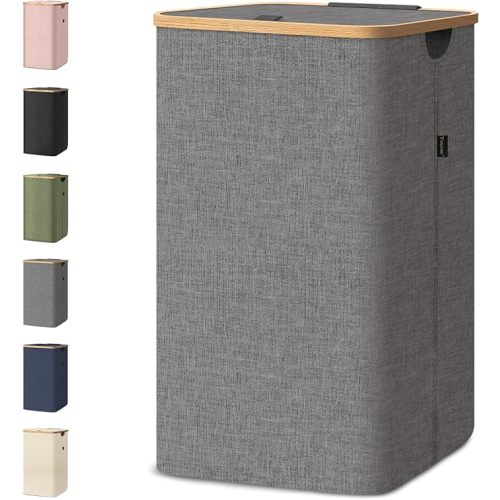BALEINE Laundry Hamper with Lid, Tall Laundry Baskets with Bamboo Pull Handles, Large Laundry Bin with Internal Support (26 Gal/100L, Grey)