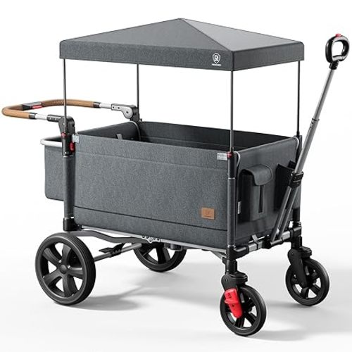 EVER ADVANCED Side-Unzip Stroller Wagon for 2 Kids - 2-in-1 Bench Mode & All-Terrain Push-Pull Wagon - Spica Cast & Special Needs Friendly - JPMA Certified, UV Canopy, Foldable for Zoo, Beach & Travel