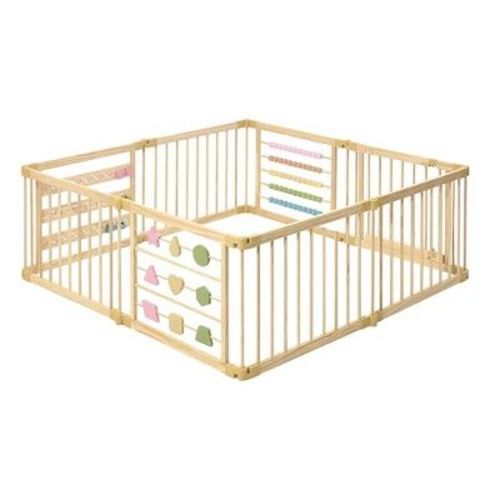 ZETY Wooden Baby Playpen 63"x63" 8 Panel, Geometry Activity Play Yard, Natural Pine