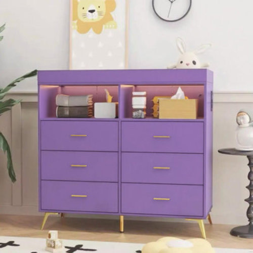 Mercer41 6 Drawer Dresser with Changing Table Top, LED Lights & Charging Station, Modern Baby Changing Table Dresser | Wayfair
