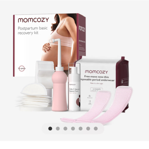 Momcozy Postpartum Recovery Essentials Kit, Labor Delivery Mom Care Kit, Self-Absorbent Disposable Underwear Nipple Nursing Pads Upside Down Peri Bottle Cold Pads Cooling Foam Canvas Bag Set