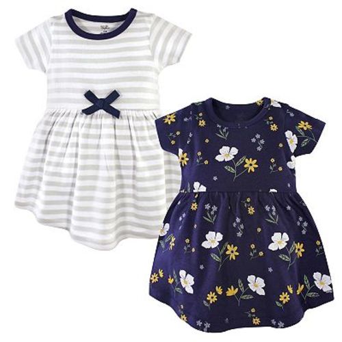 Hudson Baby Infant and Toddler Girl Cotton Short-Sleeve Dresses 2pk, Night Blooms