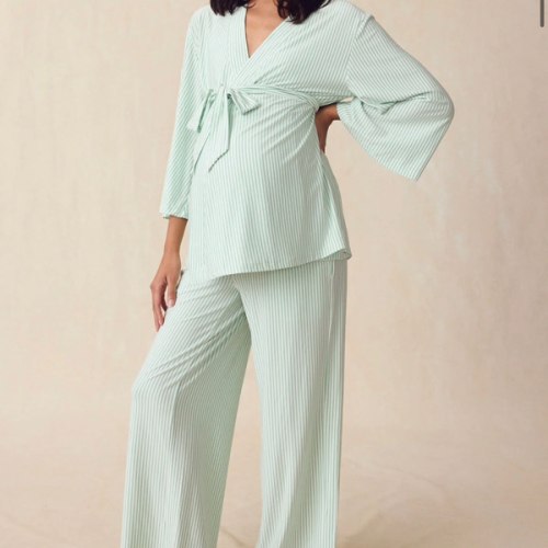 LAKE | Women | DreamModal® Pajamas | Parisian Green Pencil Stripe Maternity Kimono Bundle