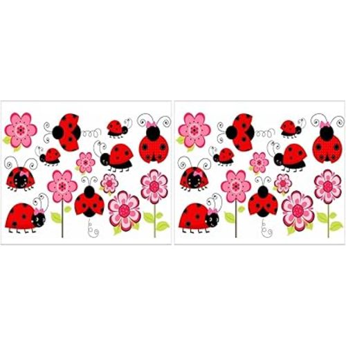 Vaguelly Floral Ladybug Wall Decals for Nursery - Removable PVC Stickers for Kids Bedroom Living Room and Dining Room - Cute Bug Themed Decor 17.72X23.62 Inches
