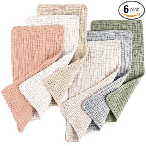 Konssy Muslin Baby Burp Cloths 6 Pack, Soft Absorbent 100% Cotton Burping Clothes for Newborns, Baby Boys and Girls, Unisex