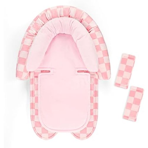 Infant Car Seat Insert with 2 Strap Pads, Carseat Cushion Baby Boy & Girl, Soft and Comfortable Carseat Head Support for Newborn, Pink Checkered