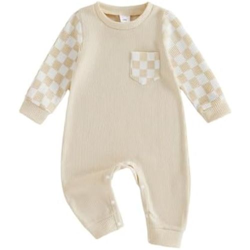Newborn Baby Boy Fall Outfit Romper Long Sleeve Plaid Print Patchwork Jumpsuits Cute Infant Waffle Clothes