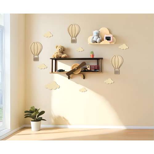Vintage Style Airplane Floating Shelf, Cloud Wall Shelf, Hot Air Balloon Nursery Decor, Toddler Nursery Bookshelf, 1 2 3 Baby Boy Girl Gift