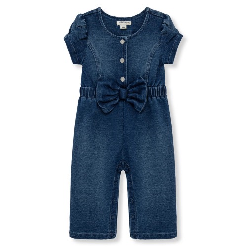 Bow Front Puff Sleeve Cotton Blend Knit Denim Jumpsuit