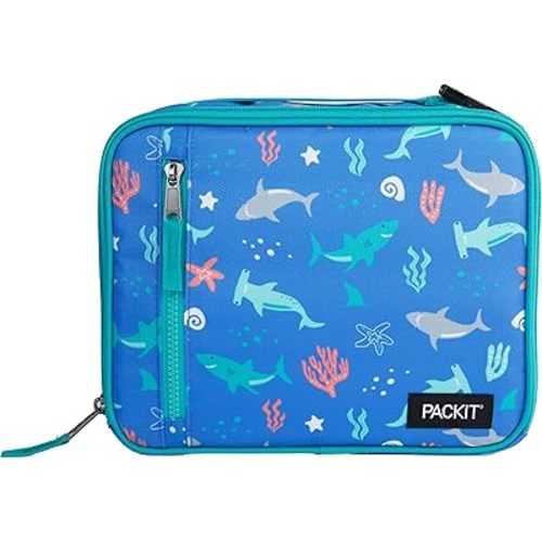 PackIt(R) Freezable Classic Lunch Box, Sea Shark, Built with EcoFreeze(R) Technology, Collapsible, Reusable, Zip Closure With Zip Front Pocket and Buckle Handle, Designed for Fresh Lunch On the Go