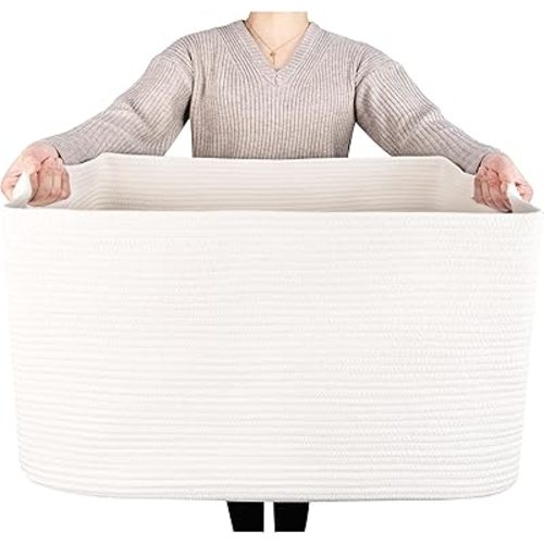 MINTWOOD Design 22in Extra Large Blanket Basket Holder Living Room, Rectangle Rope Woven Storage Basket with Handles for Laundry, Pool Towels, and Shoes, Dog Toy Organizer Bin Box, Creamy White