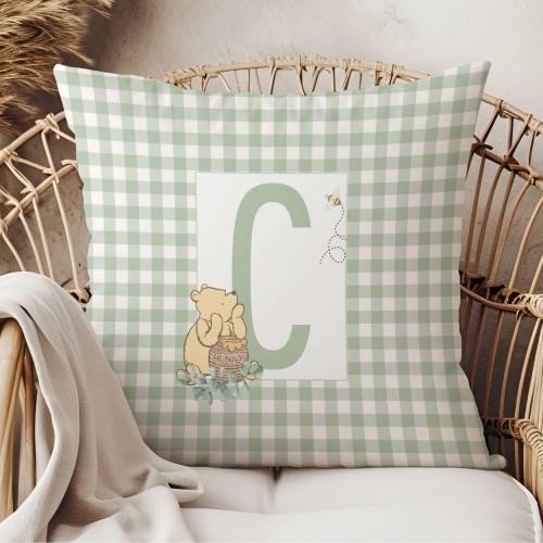 Classic Winnie the Pooh Nursery Pillow, Sage Green Gingham Custom Name Cushion, Vintage Nursery Decor, Boy Baby Gift, Personalized Monogram