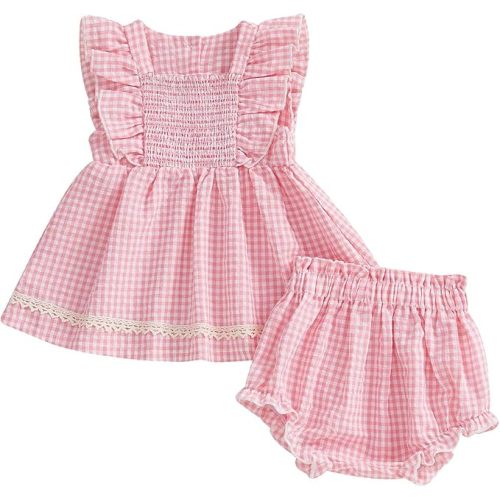 Seyurigaoka Smocked Baby Girl Clothes Gingham Ruffle Sleeveless Hem Top Bloomer Shorts Clothing Sets Summer Outfit