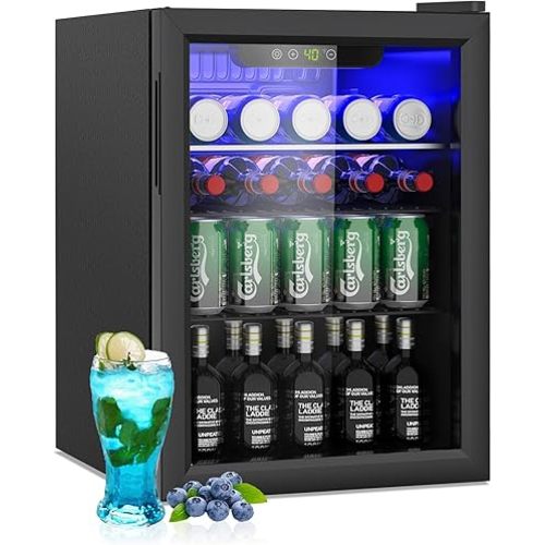 2.6 Cu.ft Beverage Refrigerator Cooler, 95 Can Mini Fridge with Glass Reversible Door, Digital Temperature Display for Soda, Beer or Wine For Office or Bar with Adjustable Removable Shelves
