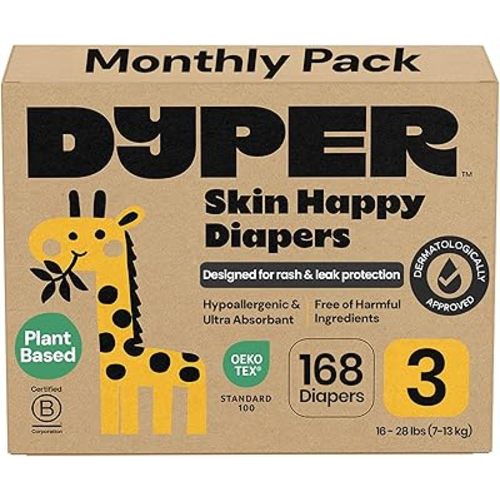 DYPER Monthly Pack Baby Diapers Size 3 (16-28 lbs) 168 Count - Leak-Proof & Plant Based, Hypoallergenic and Ultra Absorbent Size 3 Diapers for Day and Overnight Skin Protection (Packaging May Vary)