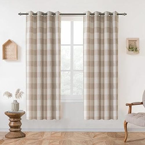 DriftAway Buffalo Plaid Check Curtains Woven Plaid Pattern Lined Blackout Thermal Insulated Window Curtain Grommet 2 Layers 2 Panels 52 Inch by 63 Inch Taupe