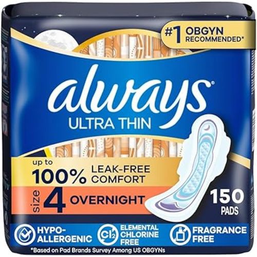 Always Ultra Thin Feminine Pads with Wings for Women, Size 4, Overnight Absorbency, Unscented, Up to 100% Leak-Free Comfort, 50 Count