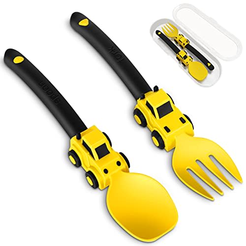 Construction Toddler Utensils - Toddler Forks and Spoons - Kids Construction Toys Utensils - Forks and Spoons Silverware Set - Easter Birthday Gift for 1 2 3 4 5 year old, Yellow