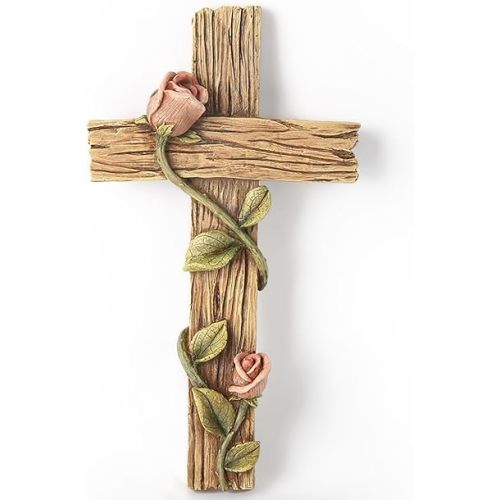 BC Home Decor 8.25" H Rose Cross for Wall, Wood Carve Looking Rustic Spring Décoration for Home, Easter Decor, Inspirational Gift for Her, Handpainted by Buildclassic