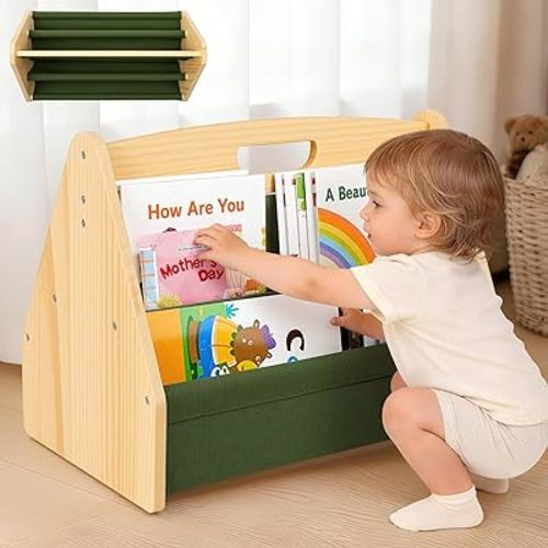 Solid Wood Toddler Bookshelf Double-Sided Montessori Kids Bookshelf for Nursery & Playroom, Baby Book Rack with Portable Handle, 4-Tier Deep Sling Organizer Easy Assembly, Dark Green