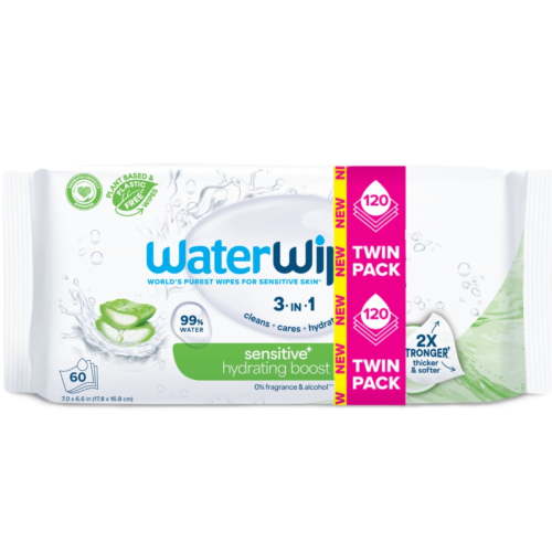 WaterWipes Sensitive Hydrating Boost Wipes, 3-In-1 Cleans, Cares, Hydrates, 99% Water with Aloe Vera, Unscented & Hypoallergenic Baby Wipes, 2 Packs (120 Wipes)
